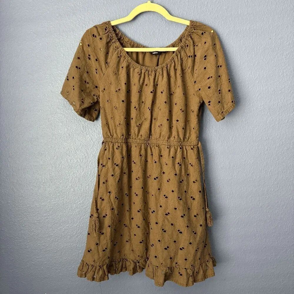 Nuon Women's Dress Brown Broderie Puff Sleeve Mini Short Sleeve Medium Tie Waist